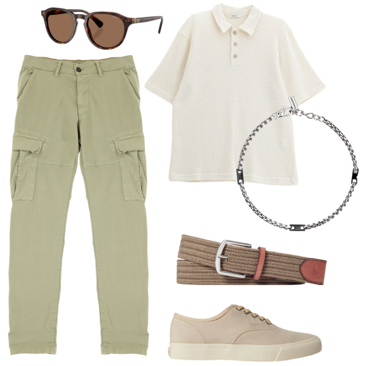 Outfit uomo - In ufficio d\'estate. Stile Urban per Tutti i giorni. Abbinamento con braccialetti, pantaloni cargo, polo, sneakers, occhiali da sole, cinture.
