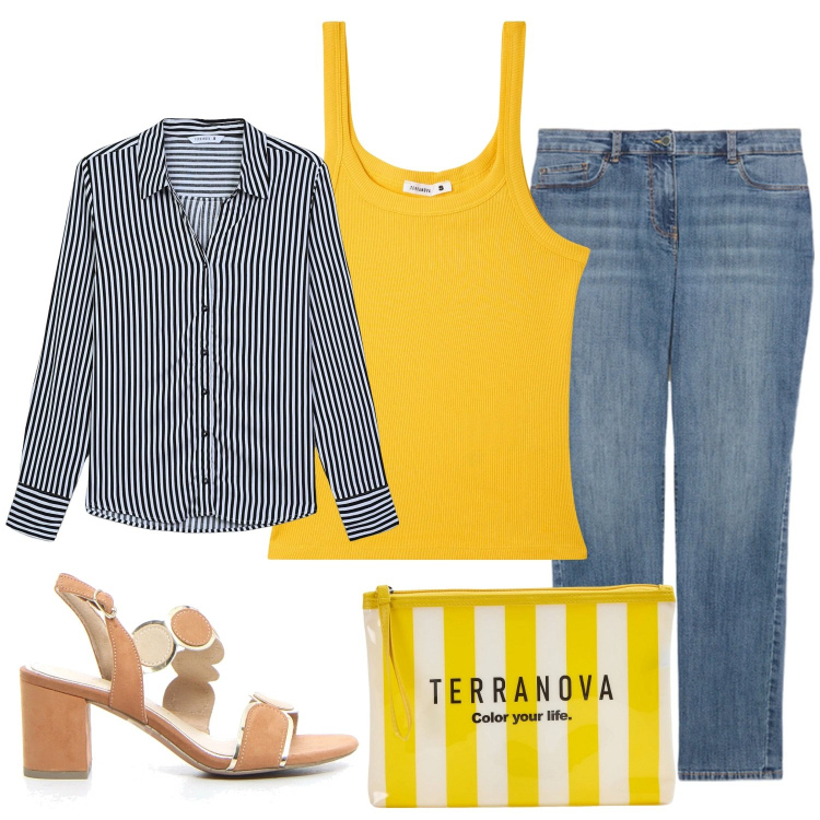 Outfit donna - Summertime. Stile Casual per Tutti i giorni. Abbinamento con camicie, canottiere, pochette, jeans skinny, sandali col tacco.