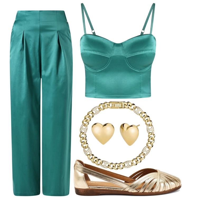 Outfit donna - Verde smeraldo. Stile Chic per Tutti i giorni. Abbinamento con pantaloni, canottiere, orecchini, braccialetti, ballerine.