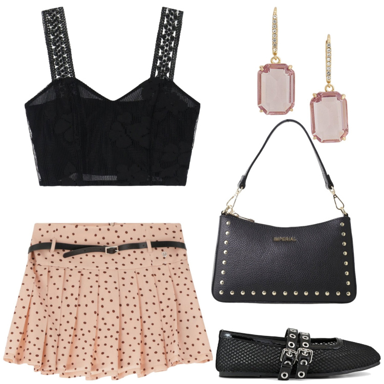 Outfit donna - Romantica ma rock. Stile Romantica per Tutti i giorni. Abbinamento con minigonne, borse a spalla, top, orecchini, ballerine.