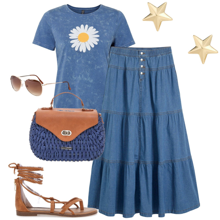 Outfit donna - La gonna a balze. Stile Casual per Tutti i giorni. Abbinamento con t-shirt, occhiali da sole, gonne, orecchini, sandali alla schiava, borse a tracolla.