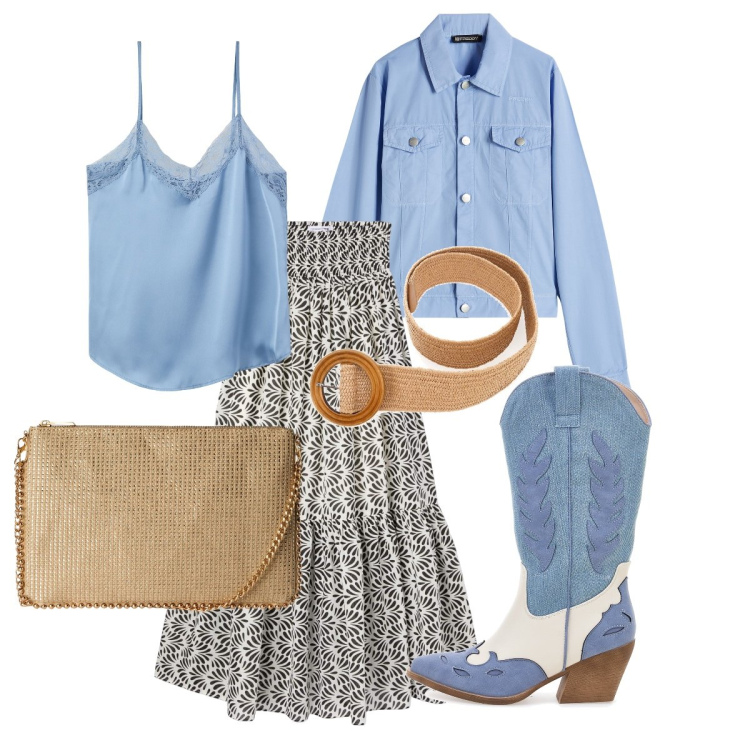 Outfit donna - Boho con i texani. Stile Boho per Tutti i giorni. Abbinamento con gonne lunghe, borse a tracolla, top, blazer, stivaletti texani, cinture.