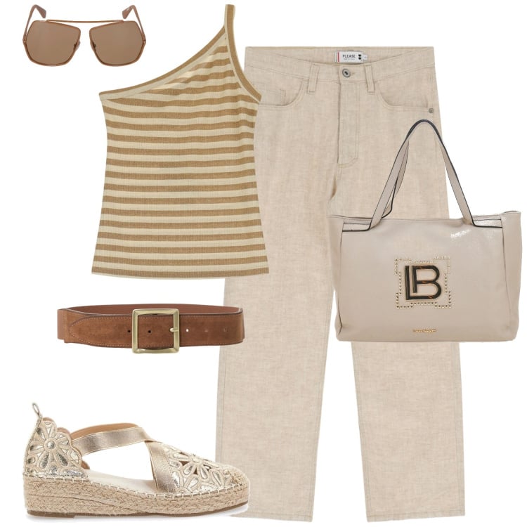 Outfit donna - City. Stile Casual per Tutti i giorni. Abbinamento con pantaloni, top, cinture, borse a spalla, espadrillas, occhiali da sole.