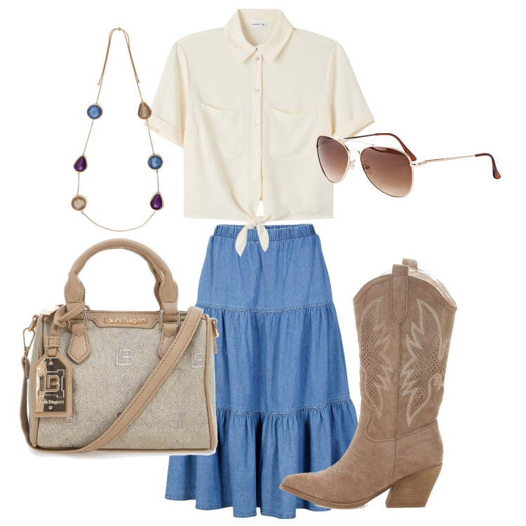 Outfit donna - I texani con la gonna di jeans. Stile Boho per Tutti i giorni. Abbinamento con gonne longuette, occhiali da sole, camicie a manica corta, borse a tracolla, stivaletti texani, collane.