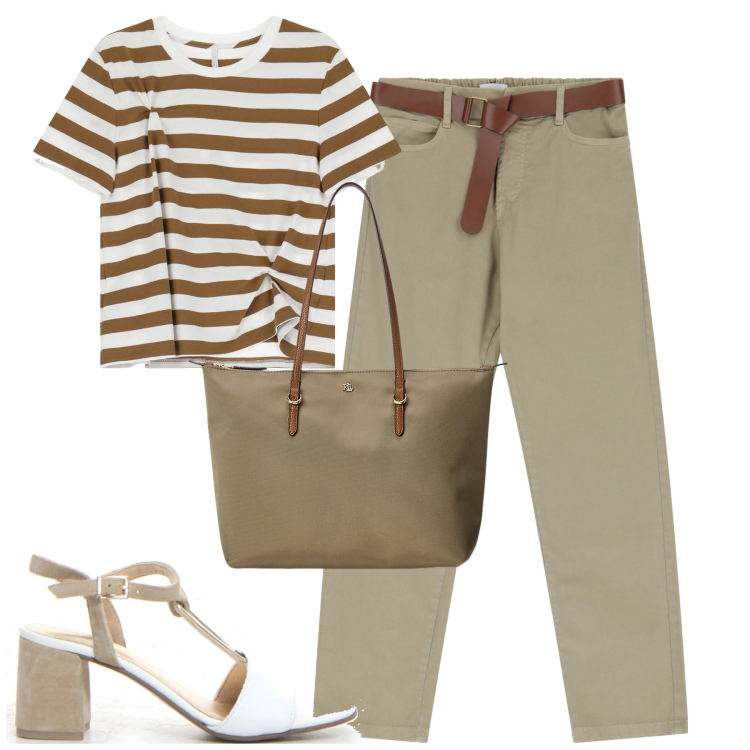 Outfit donna - City. Stile Casual per Tutti i giorni. Abbinamento con pantaloni, t-shirt, borse tote, sandali col tacco.