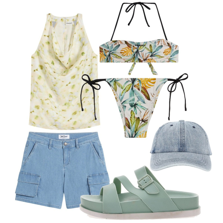 Outfit donna - Il tuo nuovo bikini. Stile Casual chic per Mare. Abbinamento con top, shorts, cappelli con visiera, bikini, bikini, ciabatte.