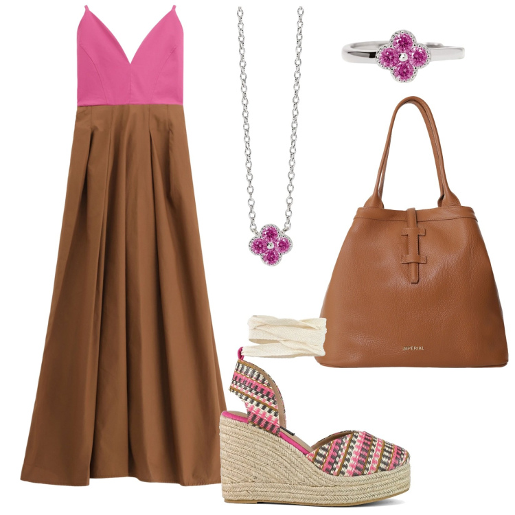 Outfit donna - Maxi Bicolor Dress. Stile Casual chic per Tutti i giorni. Abbinamento con collane, anelli, borse tote, vestiti lunghi, zeppe.