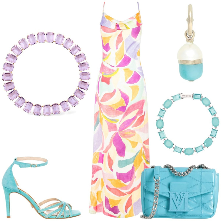 Outfit donna - Rainbow. Stile Glamour per Cerimonia. Abbinamento con borse a tracolla, orecchini, vestiti lunghi, sandali col tacco, braccialetti, collane.