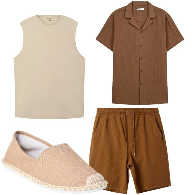 Outfit uomo - Caramello. Stile Casual per Tutti i giorni. Abbinamento con espadrillas, canottiere, camicie a manica corta, pantaloni corti.