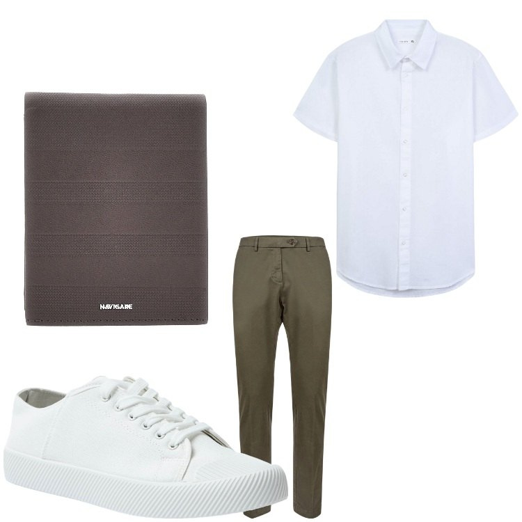 Outfit uomo - Poche cose. Stile Business/Elegante per Ufficio. Abbinamento con camicie a manica corta, sneakers, pantaloni chino, portafogli.
