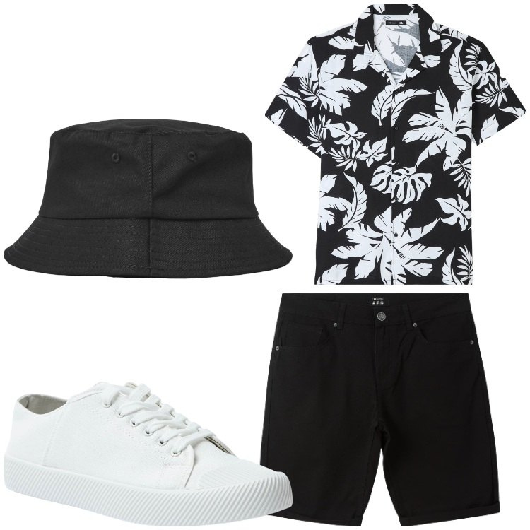 Outfit uomo - Mr vacanza. Stile Casual per Tutti i giorni. Abbinamento con cappelli, bermuda, sneakers, camicie a manica corta.