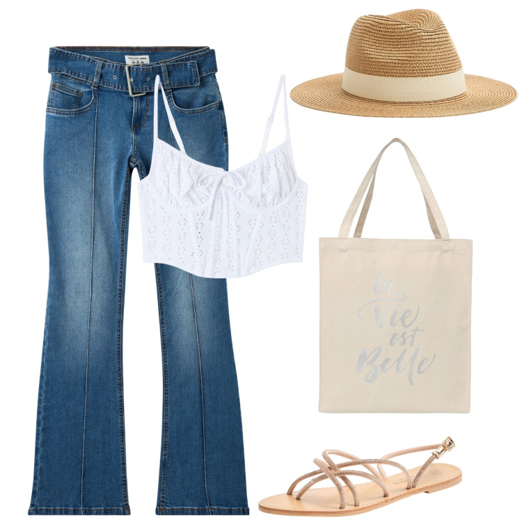 Outfit donna - Jeans e easy. Stile Sporty chic per Tutti i giorni. Abbinamento con sandali, top, cappelli, borse tote, jeans a zampa.
