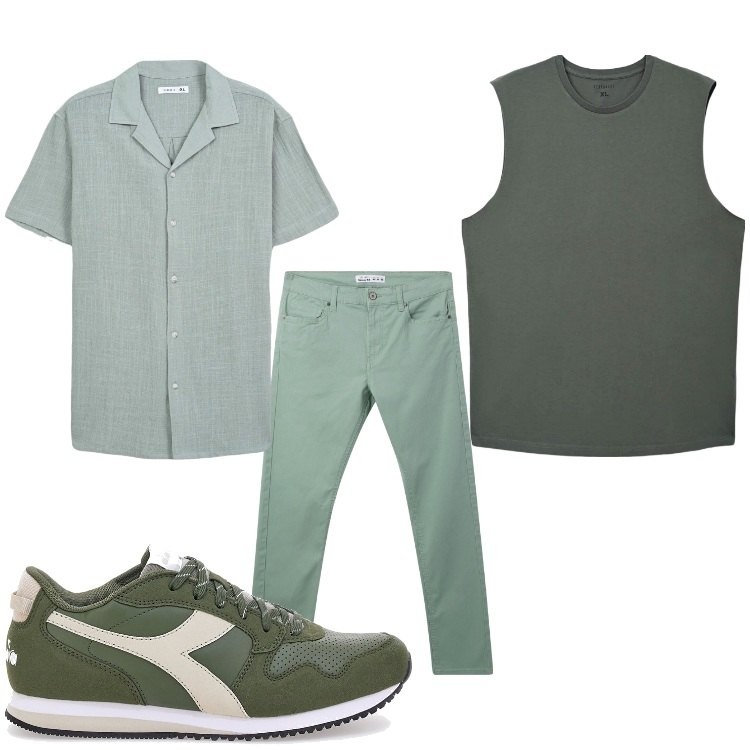 Outfit uomo - In verde. Stile Casual per Serata speciale. Abbinamento con pantaloni skinny, camicie a manica corta, canottiere, sneakers.