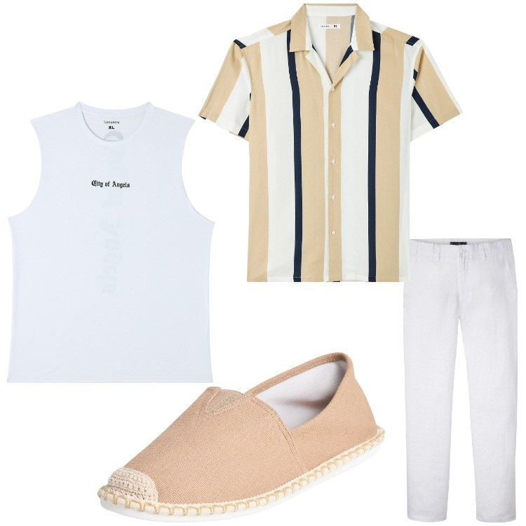Outfit uomo - Relax. Stile Casual per Tutti i giorni. Abbinamento con pantaloni, camicie a manica corta, espadrillas, canottiere.