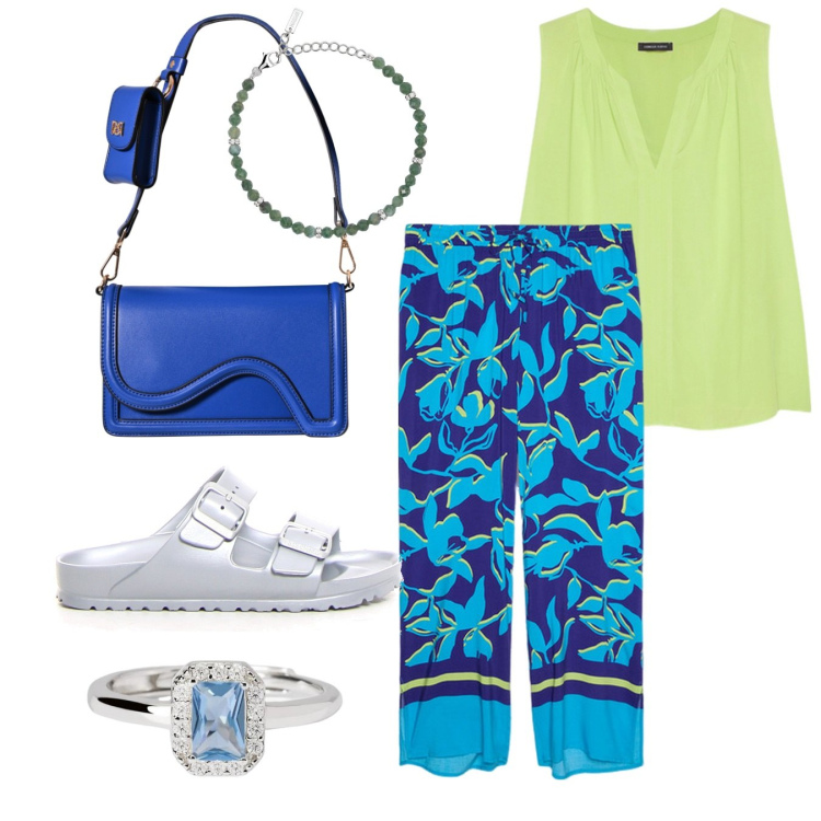 Outfit donna - Coordinato. Stile Boho per Tutti i giorni. Abbinamento con braccialetti, anelli, pochette, pantaloni a palazzo, top, ciabatte.