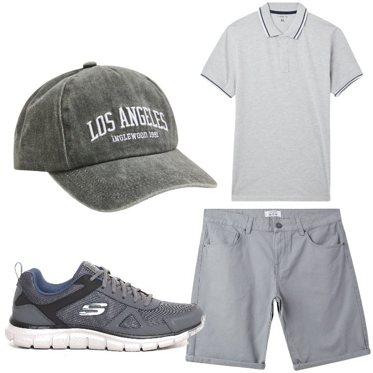 Outfit uomo - Grigio per me. Stile Casual per Tutti i giorni. Abbinamento con cappelli, polo, bermuda, sneakers.