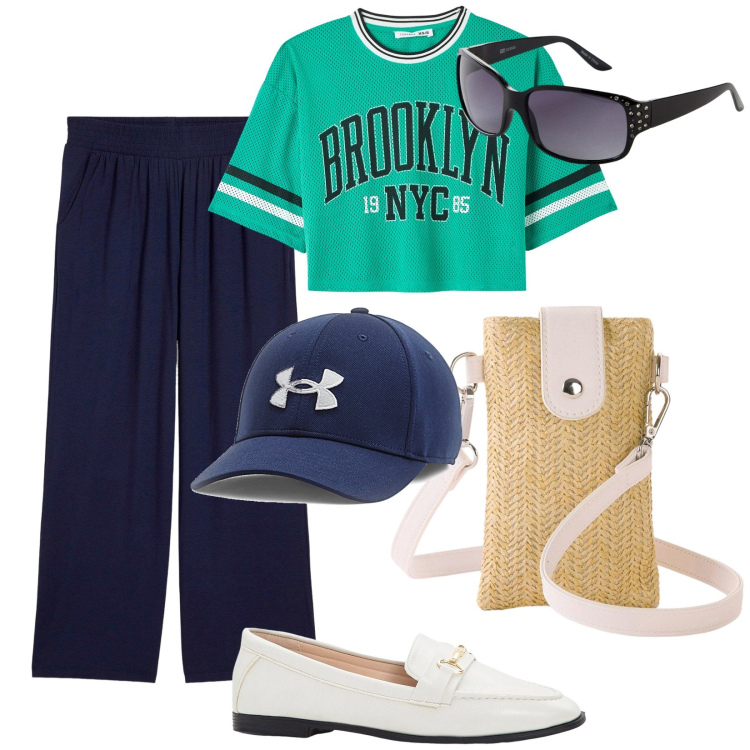 Outfit donna - Al campo di tennis. per Sport. Abbinamento con pantaloni, mocassini, borse a tracolla, occhiali da sole, t-shirt, cappelli.
