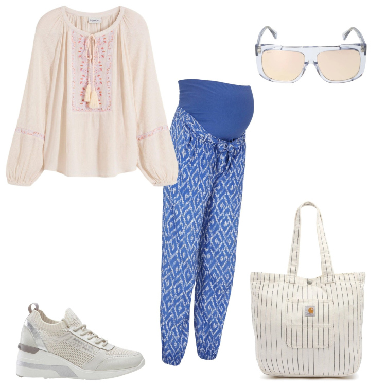 Outfit donna - Dolce attesa con stile. Stile Casual per Tutti i giorni. Abbinamento con sneakers, pantaloni, bluse, occhiali da sole, borse tote.