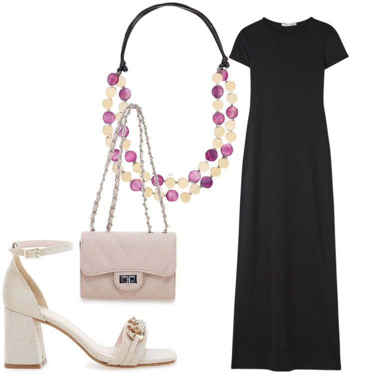 Outfit donna - vestito e lilla. Stile Chic per Serata fuori. Abbinamento con vestiti lunghi, sandali col tacco, collane, borse a tracolla.