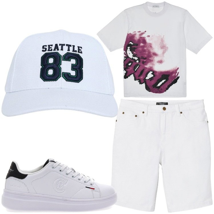 Outfit uomo - Bianco. Stile Casual per Tutti i giorni. Abbinamento con bermuda, cappelli, t-shirt, sneakers.