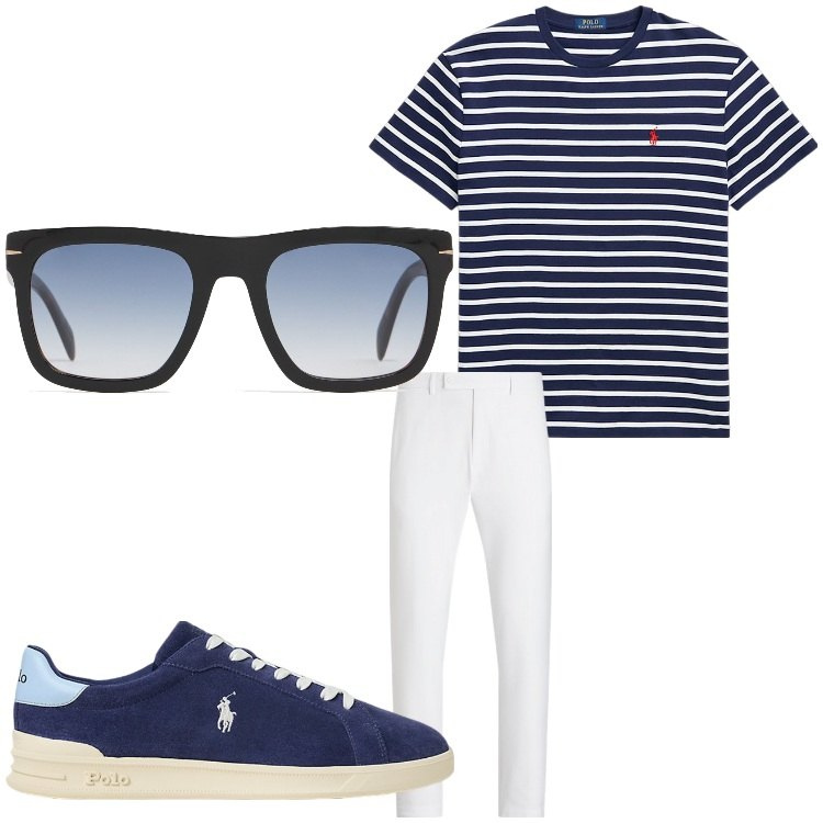 Outfit uomo - Righe. Stile Casual per Tutti i giorni. Abbinamento con t-shirt, sneakers, pantaloni, occhiali da sole.