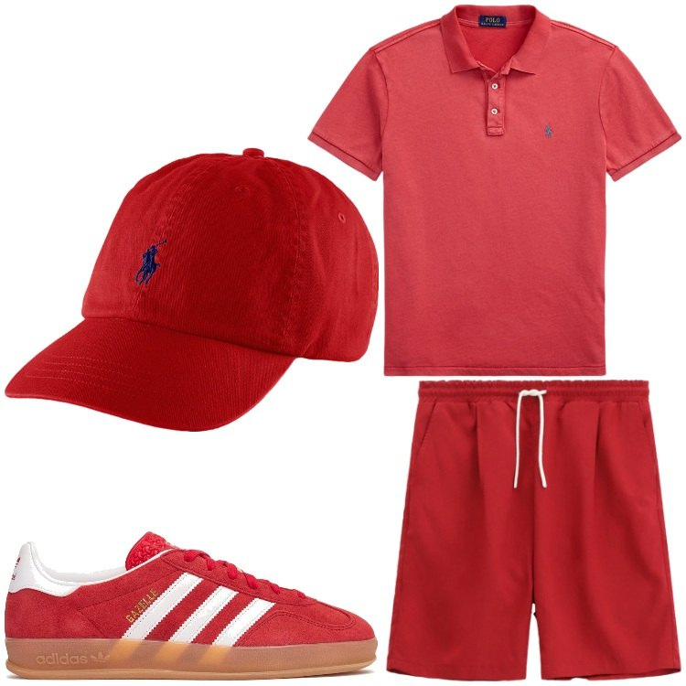 Outfit uomo - Rouge. Stile Casual per Tutti i giorni. Abbinamento con bermuda, cappelli, polo, sneakers.