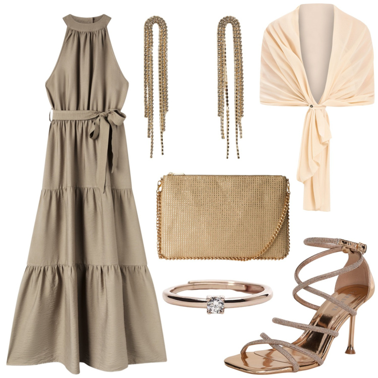 Outfit donna - Total look #2182369. Stile Chic per Cerimonia. Abbinamento con sandali col tacco, borse a tracolla, vestiti lunghi, orecchini, anelli, scialli.