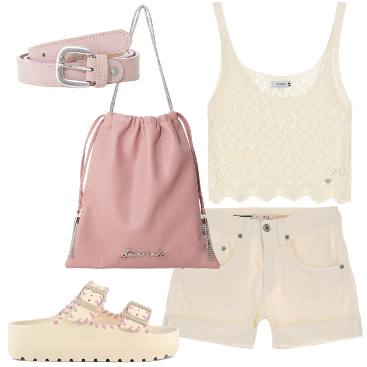 Outfit donna - Chic Sea Style. Stile Glamour per Tutti i giorni. Abbinamento con shorts, top, borse a secchiello, cinture, ciabatte.