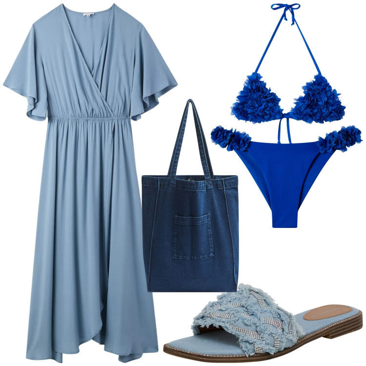 Outfit donna - Total look #2182377. Stile Casual per Mare. Abbinamento con bikini, vestiti lunghi, shopping bag, ciabatte, bikini.