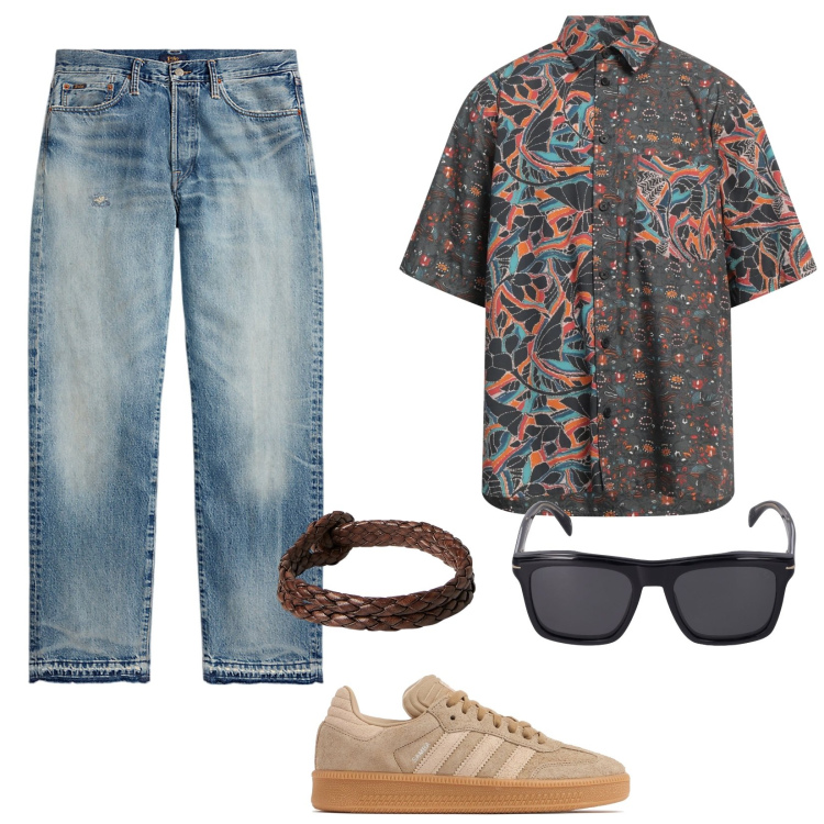 Outfit uomo - Aperitivo in Estate. Stile Trendy per Tutti i giorni. Abbinamento con camicie a manica corta, braccialetti, jeans dritti, occhiali da sole, sneakers.