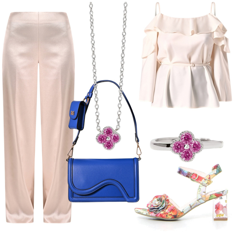 Outfit donna - Total look #2182382. Stile Chic per Cerimonia. Abbinamento con pantaloni a palazzo, pochette, bluse, anelli, collane, sandali col tacco.