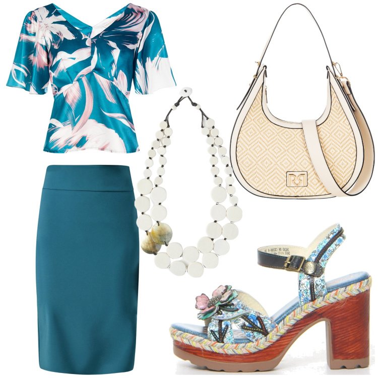 Outfit donna - Total look #2182385. Stile Chic per Cerimonia. Abbinamento con bluse, gonne, borse a mano, sandali col tacco, ciondoli.