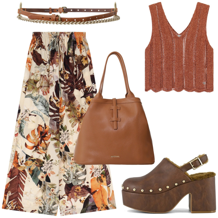 Outfit donna - Total look #2182386. Stile Boho per Tutti i giorni. Abbinamento con top, borse tote, pantaloni a palazzo, cinture, sabot.