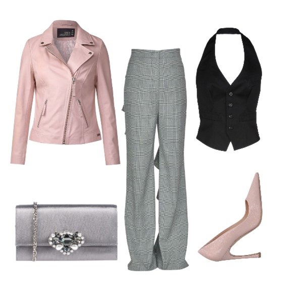 Outfit donna - Party or work?. Stile Sexy per Serata fuori. Abbinamento con top collo a v senza maniche interno foderato in gabardine tinta unita, ballerine e scarpe flat, borsa a mano mini contrasto con perline interno foderato in raso tinta unita, pantalone maxi pied de poule con ruches e zip, cappotto rosa.