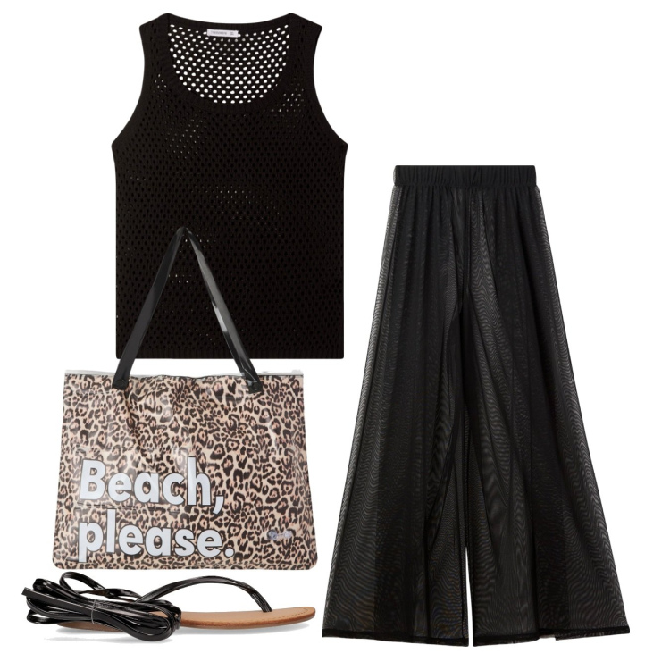 Outfit donna - Coordinati. Stile Casual per Tutti i giorni. Abbinamento con borse tote, top, pantaloni a palazzo, sandali alla schiava.