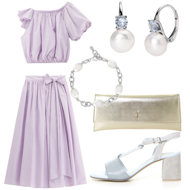 Outfit donna - Total look #2182393. Stile Chic per Cerimonia. look ideale per Petite. Abbinamento con braccialetti, orecchini, top, gonne lunghe, pochette, sandali col tacco.