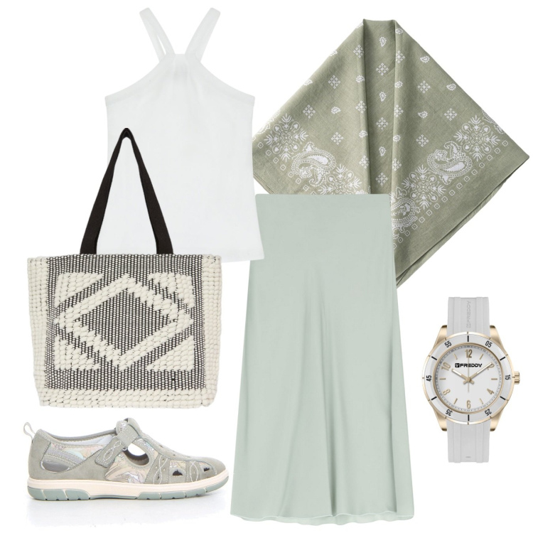 Outfit donna - Total look #2182395. Stile Boho per Tutti i giorni. Abbinamento con orologi, top, gonne lunghe, foulard, shopping bag, sandali.
