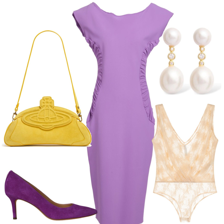 Outfit donna - Lilla giallo e perle. Stile Glamour per Serata fuori. Abbinamento con vestiti midi/longuette, body, décolleté, orecchini, clutch.