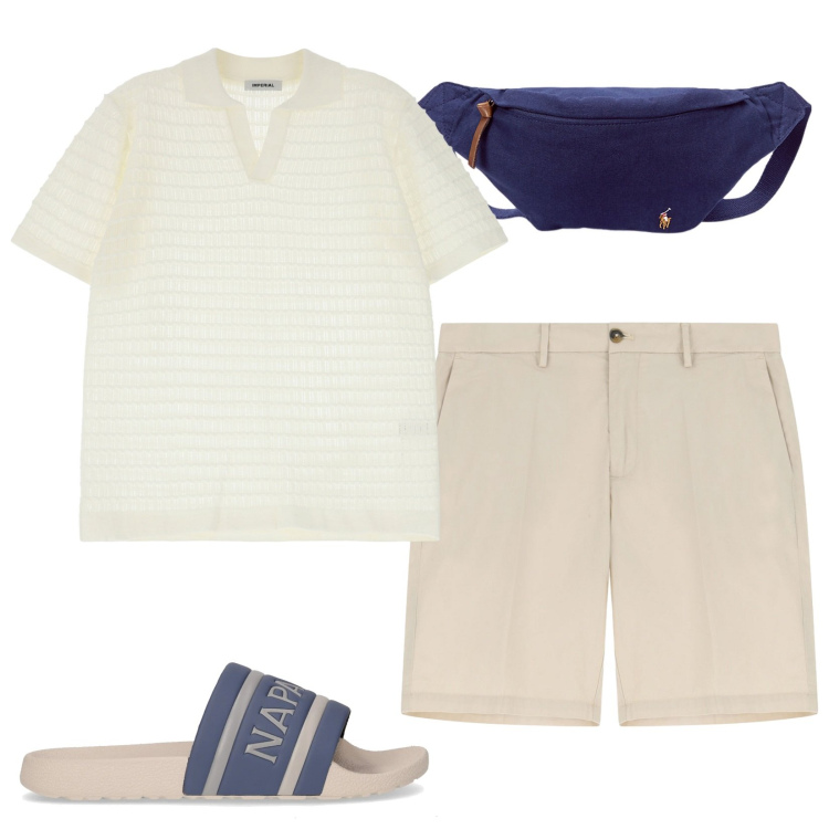 Outfit uomo - Lino, Sabbia e Mare Blu. Stile Casual per Tutti i giorni. Abbinamento con bermuda, polo, borse sportive, sandali.
