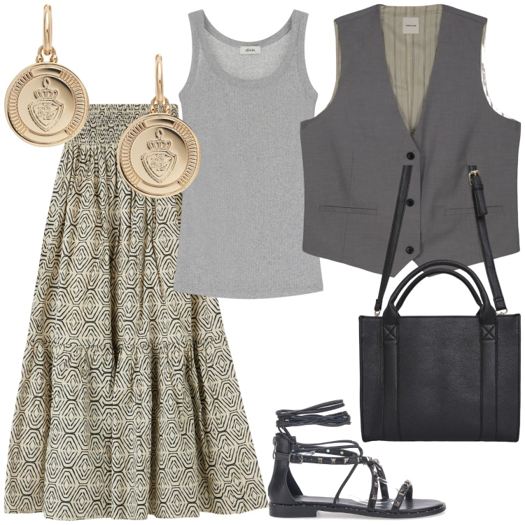 Outfit donna - Originale ufficio al lunedì. Stile Trendy per Ufficio. Abbinamento con borse tote, gonne lunghe, canottiere, orecchini, gilet, sandali alla schiava.