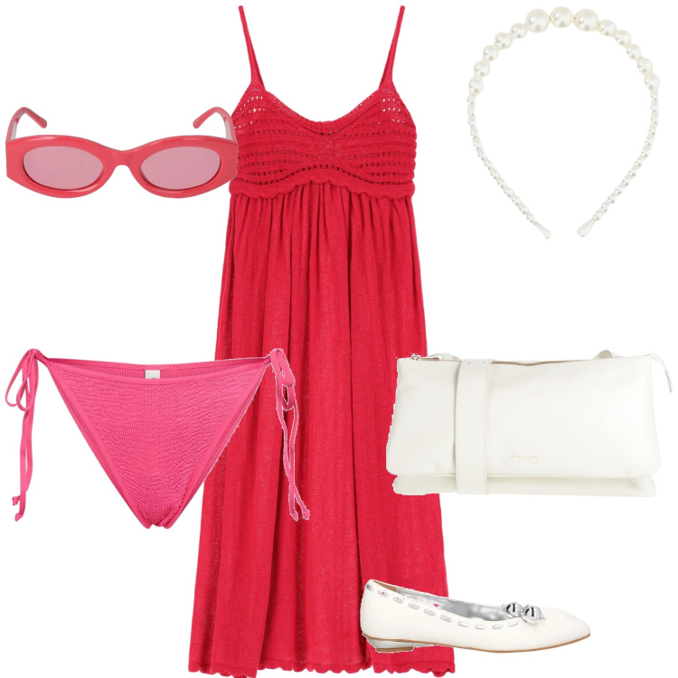 Outfit donna - Gelato sul lungomare in rosso. Stile Trendy per Mare. Abbinamento con ballerine, borse a tracolla, vestiti, cerchietti, bikini, occhiali da sole.