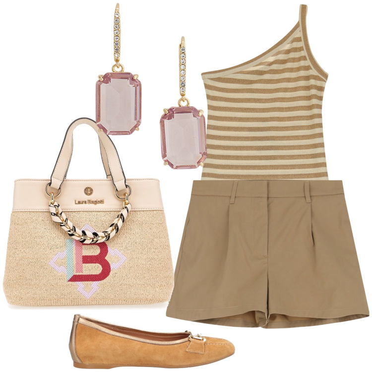 Outfit donna - Top e pantaloncini per un gelato. Stile Glamour per Tutti i giorni. Abbinamento con ballerine, shorts, top, orecchini, borse a mano.