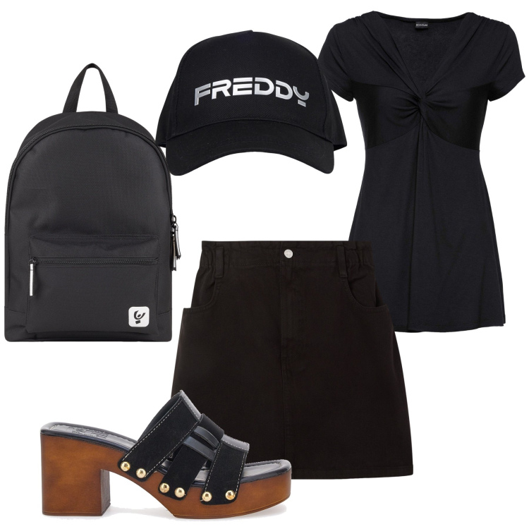 Outfit donna - Zoccoli e zaino. Stile Casual per Tutti i giorni. Abbinamento con maglieria, minigonne, zaini, cappelli, zoccoli.