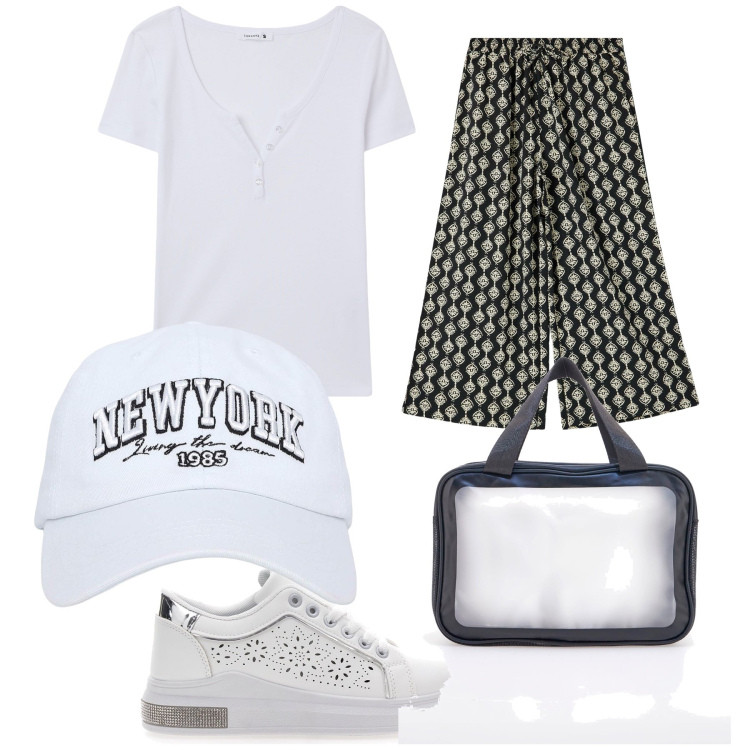 Outfit donna - Pantaloni geometrici in viaggio. Stile Basic per Tutti i giorni. Abbinamento con pantaloni a palazzo, t-shirt, cappelli, sneakers, valigie.