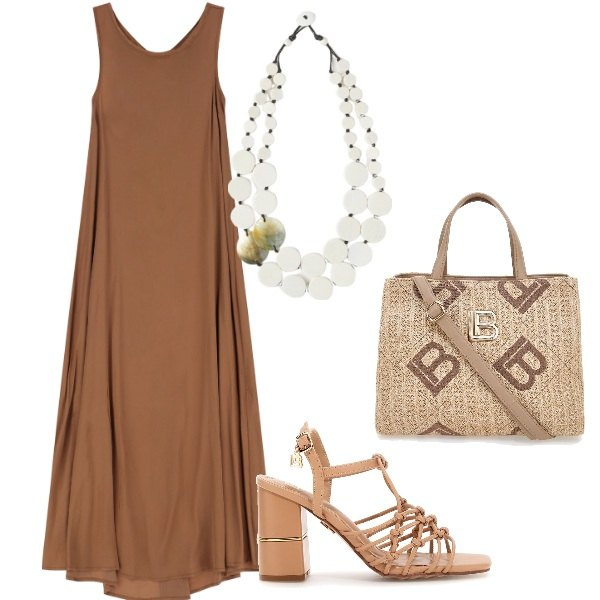 Outfit donna - Pizza tra amici. Stile Casual chic per Serata fuori. Abbinamento con vestiti lunghi, sandali col tacco, ciondoli, borse a tracolla.