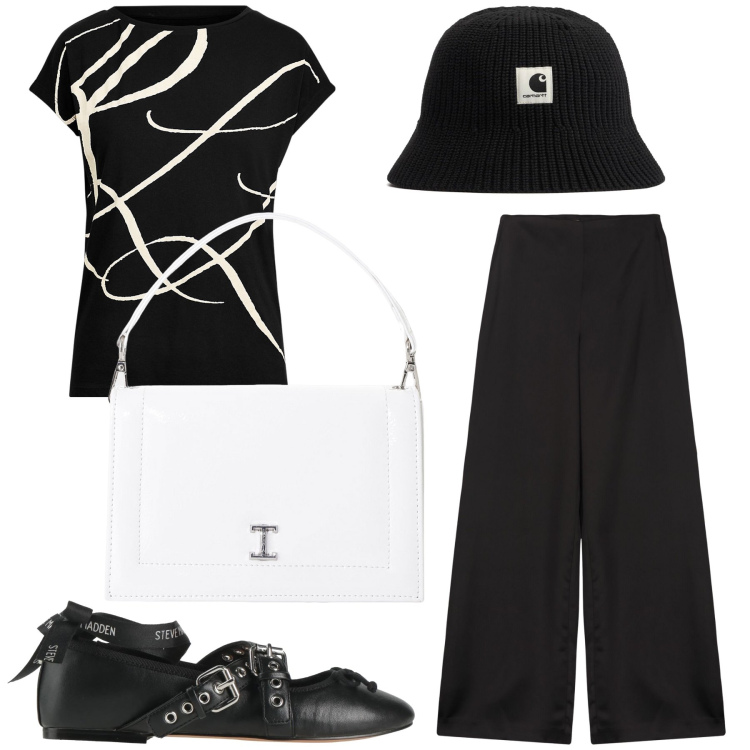 Outfit donna - B and w always chic. Stile Chic per Ufficio. Abbinamento con ballerine, borse a tracolla, maglieria, pantaloni a palazzo, cappelli.
