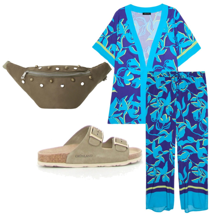 Outfit donna - Boho. Stile Boho per Tutti i giorni. Abbinamento con marsupi, pantaloni a palazzo, kimono, ciabatte.
