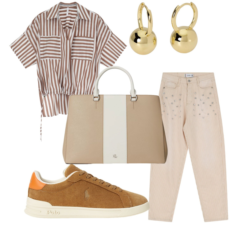 Outfit donna - Eleganza sportiva. Stile Sporty chic per Tutti i giorni. Abbinamento con orecchini, pantaloni, camicie a manica corta, borse a mano, sneakers.