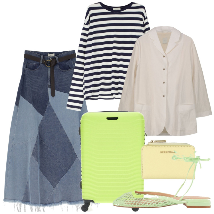 Outfit donna - Partenza. Stile Casual chic per Tutti i giorni. Abbinamento con ballerine, portafogli, gonne longuette, t-shirt, valigie, blazer.