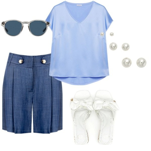 Outfit donna - Semplice ed elegante. Stile Bon Ton per Tutti i giorni. Abbinamento con bermuda, orecchini, occhiali da sole, t-shirt, ciabatte.